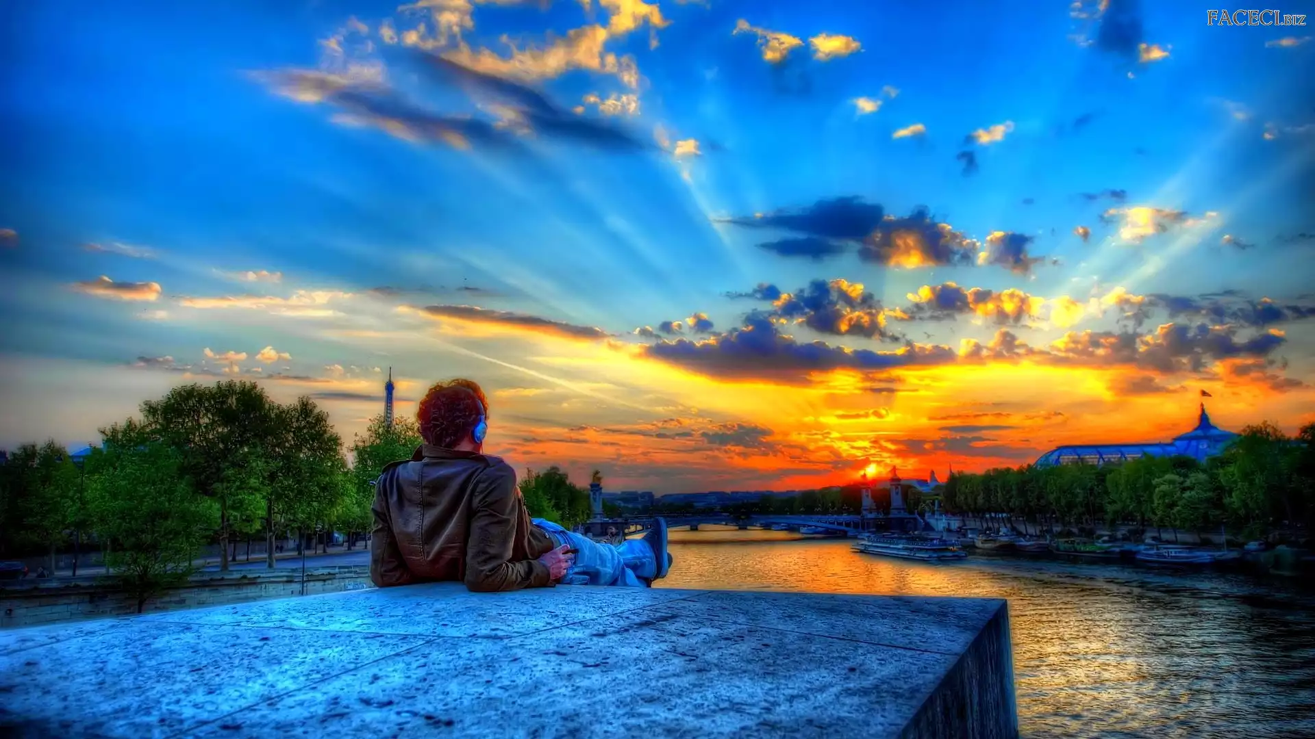 Rzeka, Francja, Mężczyzna, Słońca, Paryż, Zachód